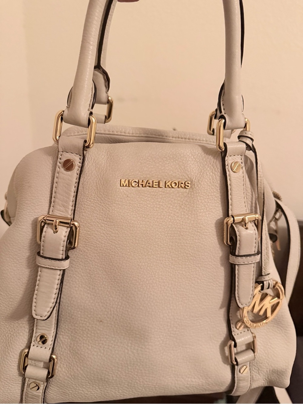 Michael Kors Pebbled Leather Satchel in Light Beige with Gold Hardware